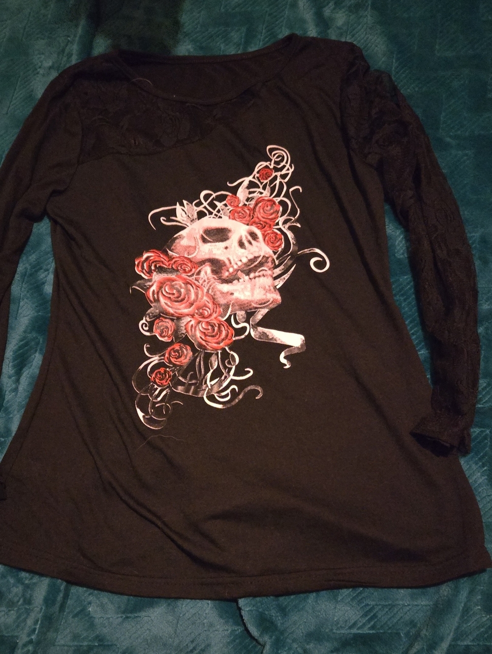 NWOT Black Long Sleeve Tee with Skull and Red Rose Graphic